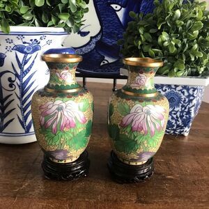Vintage JINGFA Japanese cloisonné petite pair of vases with stands 6”